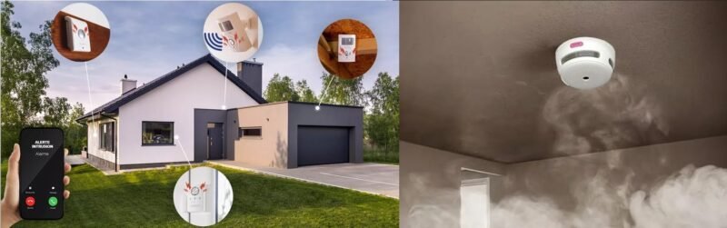 Alarme intrusion : détecteur de mouvement, détecteur d'ouverture de fenêtre ou de porte. Détecteur de fumée