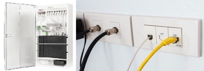 Un coffret de communication pour la fibre optique, la box Internet, le wifi et le brassage RJ45. Des prises RJ11 pour le téléphone, RJ45 pour l'ordinateur et coaxiale pour la télé ou le satellite