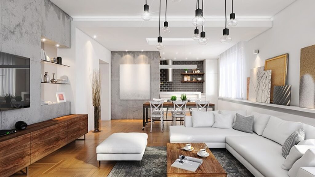 L'intérieur d'une maison avec de belles installations pour les luminaires en lustre, applique et spot